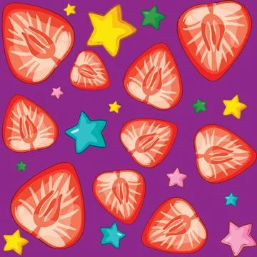 Seamless Vector Pattern of Sliced Strawberries and Colorful Stars on Purple Stock Illustration