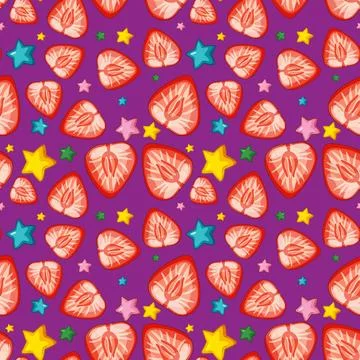 Seamless Vector Pattern of Sliced Strawberries and Colorful Stars 库存插图