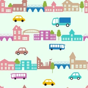 Seamless vector pattern with small cars and houses Stock Illustration