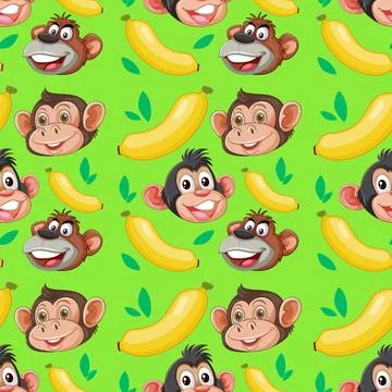 Seamless Vector Pattern with Smiling Cartoon Monkey Faces and Yellow Bananas Stock Illustration