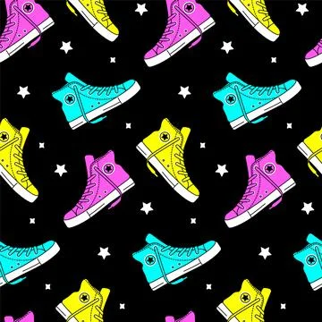 Seamless vector pattern of sneakers on the theme of the 80s 90s 00s for cloth 스톡 일러스트