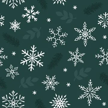 Seamless vector pattern with snowflakes, leaves, and spruce. Green Christmas  库存插图