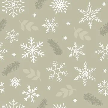 Seamless vector pattern with snowflakes, leaves, and spruce. Green drawn illu Stock Illustration