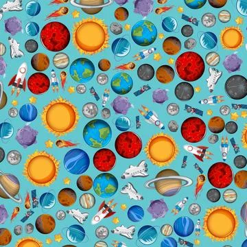 Seamless Vector Pattern of Solar System Planets and Rocket Ships Ilustración de archivo