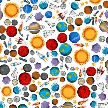 Seamless Vector Pattern of Solar System Planets and Rocket Ships Ilustración de archivo