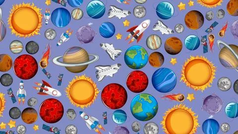 Seamless Vector Pattern of Solar System Planets and Spacecraft Stock Illustration