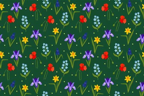 Seamless vector pattern of spring flowers including poppies, irises, and da.. Ilustración de archivo
