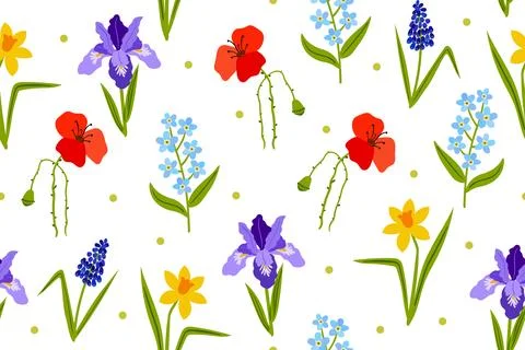 Seamless vector pattern of spring garden flowers including poppies, irises,.. 스톡 일러스트
