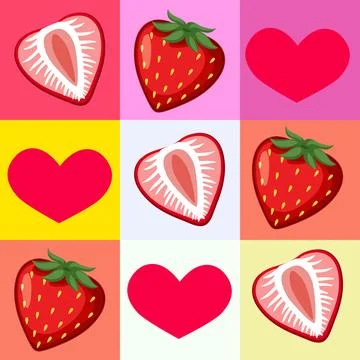 Seamless Vector Pattern with Strawberries and Hearts in Grid Layout 库存插图