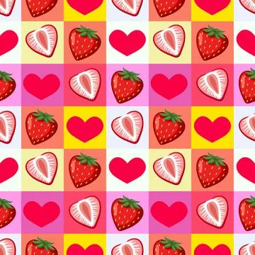 Seamless Vector Pattern with Strawberries and Hearts on Checkered Background Stock Illustration