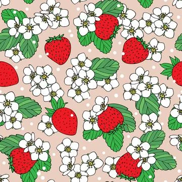 Seamless vector pattern with strawberries, flowers and leaves Stock Illustration