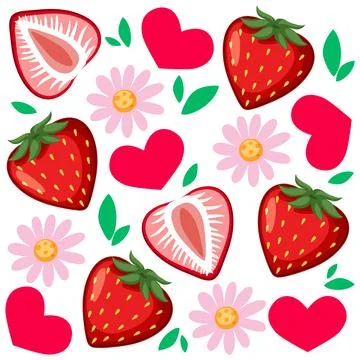 Seamless Vector Pattern with Strawberries Pink Flowers and Red Hearts Stock Illustration