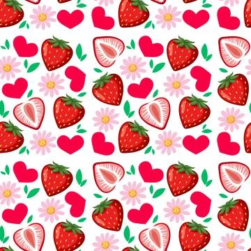 Seamless Vector Pattern with Strawberries Pink Flowers and Red Hearts Stock Illustration