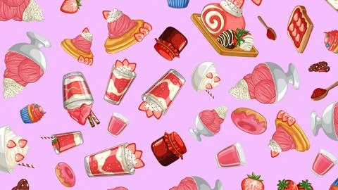 Seamless Vector Pattern of Strawberry Desserts and Sweet Pastries Stock Illustration