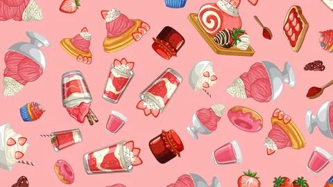Seamless Vector Pattern of Strawberry Desserts and Sweet Pastries Stock Illustration