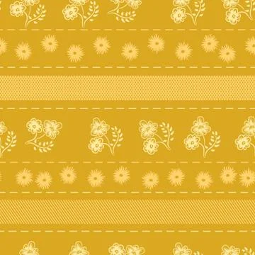 Seamless vector pattern with stripes and flowers in mustard yellow Illustrazione stock