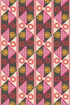 Seamless vector pattern of stylized palm leaves, flowers on triangle backgrou 스톡 일러스트