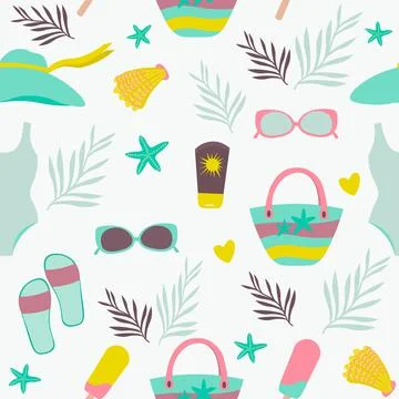 Seamless vector pattern with summer and beach items. Illustrazione stock