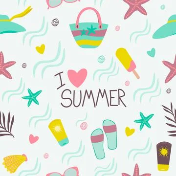 Seamless vector pattern with summer and beach elements. Stock Illustration