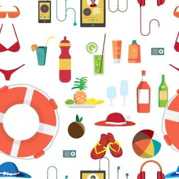 Seamless vector pattern with summer beach objects. Summer Holida 스톡 일러스트