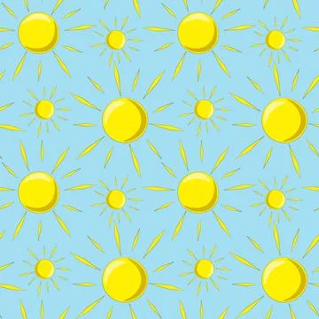 Seamless vector pattern with sun on blue background Stock Illustration