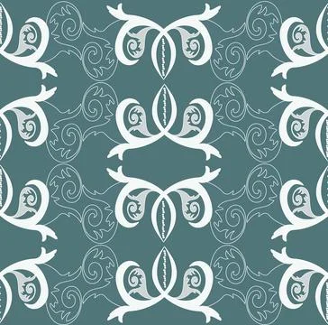 Seamless vector pattern of swirls, stylized leaves on a green background. Stock Illustration
