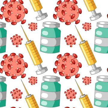Seamless vector pattern with syringe, vaccine and virus Stock Illustration