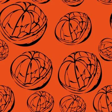 Seamless vector pattern of tangerine outline on orange isolated background. Stock Illustration