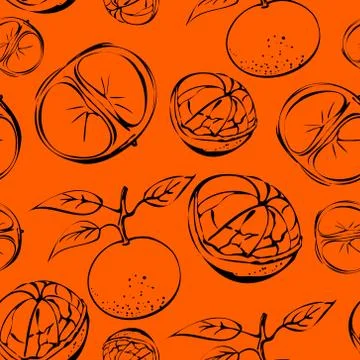 Seamless vector pattern of tangerine outline on orange isolated background. Stock Illustration