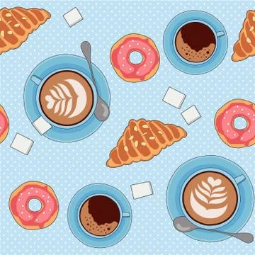 Seamless vector pattern with tea and coffee cups, cookies and pastry Illustrazione stock