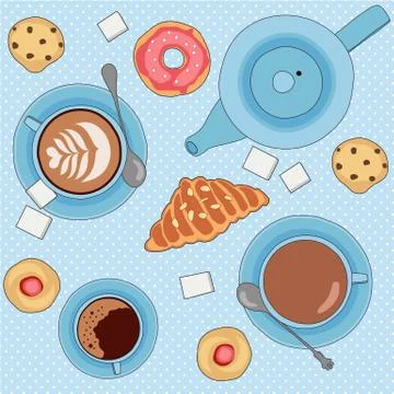 Seamless vector pattern with tea and coffee cups, cookies and pastry Illustrazione stock