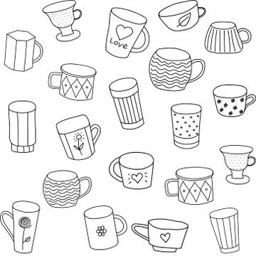 Seamless vector pattern with tea cups, black on white background, isolated, w Stock Illustration