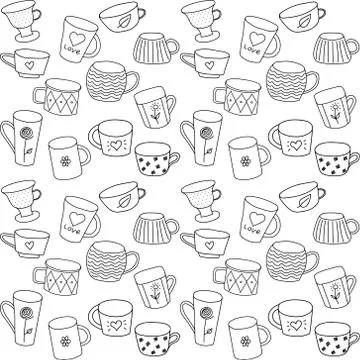 Seamless vector pattern with tea cups, black on white background, isolated, w 스톡 일러스트