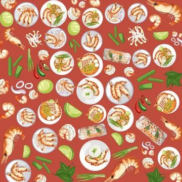 Seamless Vector Pattern of Thai Shrimp Dishes and Fresh Ingredients Stock Illustration