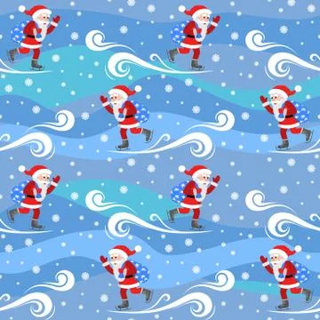 Seamless vector pattern on the theme of the new year. Santa Claus skates with a Stock Illustration