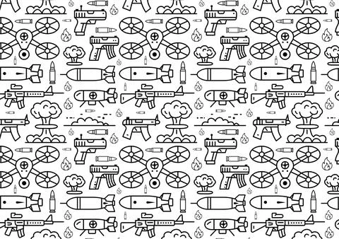 Seamless vector pattern of thin line military icons, drones, missiles and mor Stock Illustration