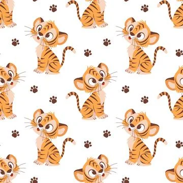 A seamless vector pattern with tiger cubs and paw prints on a white background. Stock Illustration