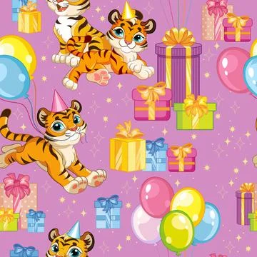 Seamless vector pattern tigers happy birthday purple Stock Illustration
