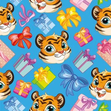 Seamless vector pattern tigers heads birthday blue Stock Illustration