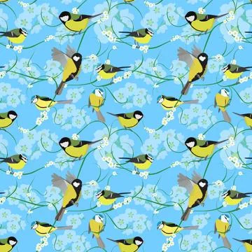 Seamless vector pattern with titmouse and flowers Stock Illustration