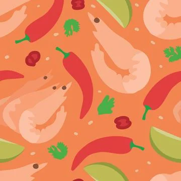 Seamless Vector Pattern of Tom Yum Soup Components Featuring Shrimp, Chili, Lime Stock Illustration