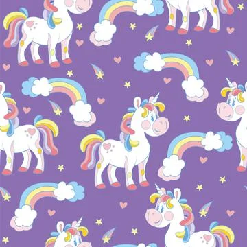 Seamless vector pattern with toy unicorns purple 스톡 일러스트