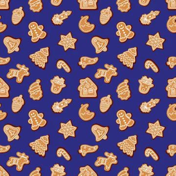 Seamless vector pattern of traditional gingerbread cookies of various shapes for Stock Illustration