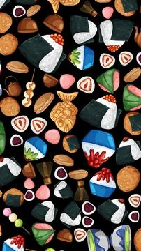 Seamless Vector Pattern of Traditional Japanese Snacks and Asian Cuisine Stock Illustration