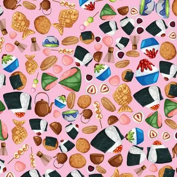 Seamless Vector Pattern of Traditional Japanese Snacks and Desserts Stock Illustration
