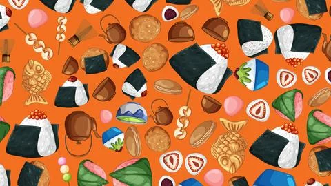 Seamless Vector Pattern of Traditional Japanese Snacks and Green Tea Stock Illustration