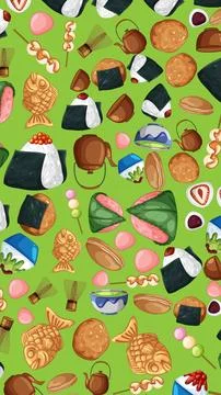 Seamless Vector Pattern of Traditional Japanese Snacks and Green Tea Stock Illustration