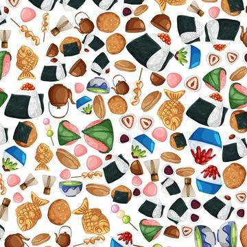 Seamless Vector Pattern of Traditional Japanese Snacks and Asian Cuisine Stock Illustration