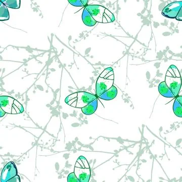 Seamless vector pattern with tree branches, buds and butterflies Illustrazione stock