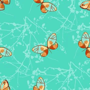 Seamless vector pattern with tree branches, buds and butterflies Stock Illustration